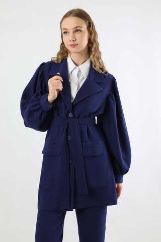 Balloon Sleeve Jacket Pants Suit Navy Blue - 2
