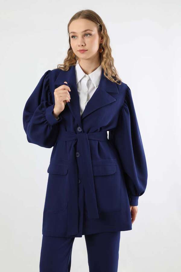 Balloon Sleeve Jacket Pants Suit Navy Blue - 2