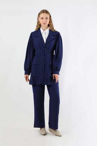 Balloon Sleeve Jacket Pants Suit Navy Blue - 3