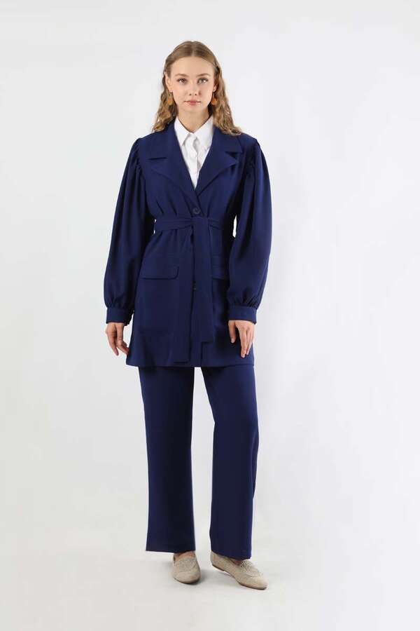 Balloon Sleeve Jacket Pants Suit Navy Blue - 3