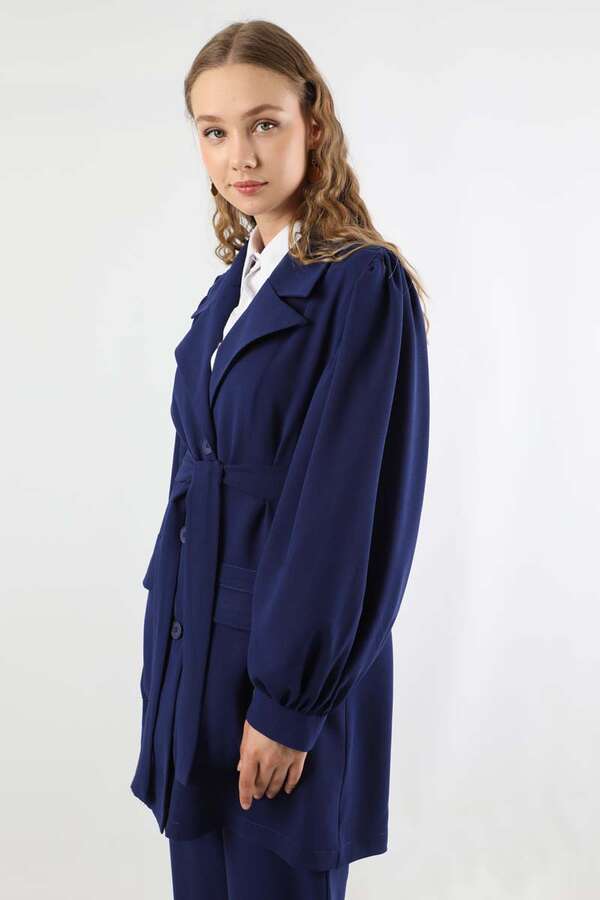Balloon Sleeve Jacket Pants Suit Navy Blue - 4