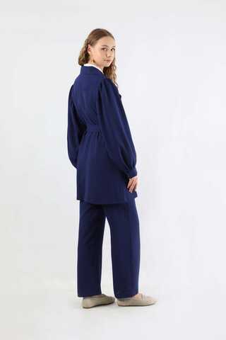 Balloon Sleeve Jacket Pants Suit Navy Blue - 5