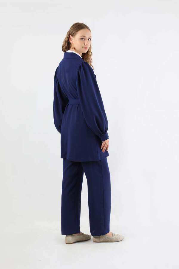 Balloon Sleeve Jacket Pants Suit Navy Blue - 5