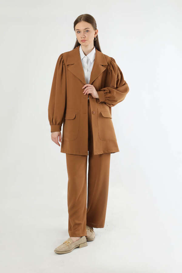 Balloon Sleeve Jacket Pants Suit Tan