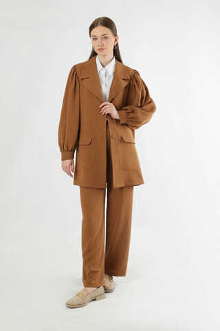 Balloon Sleeve Jacket Pants Suit Tan - 1