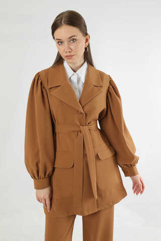 Balloon Sleeve Jacket Pants Suit Tan - 2