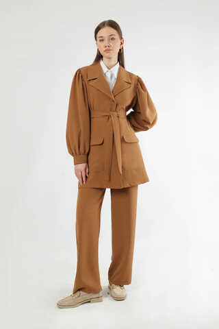 Balloon Sleeve Jacket Pants Suit Tan - 3