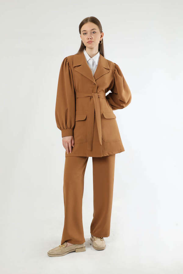 Balloon Sleeve Jacket Pants Suit Tan - 3