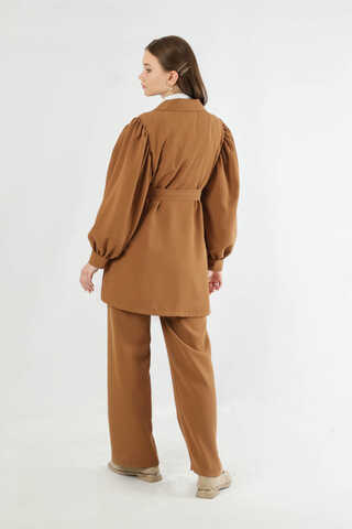 Balloon Sleeve Jacket Pants Suit Tan - 4
