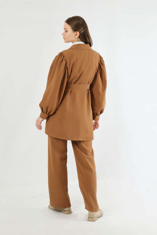 Balloon Sleeve Jacket Pants Suit Tan - 4