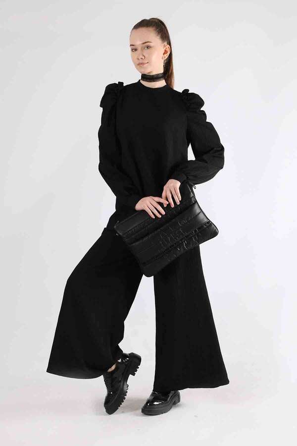 Balloon Sleeve Pants Suit Black - 1
