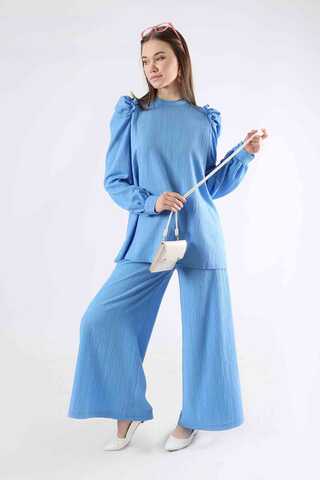 Balloon Sleeve Pants Suit Blue - 1