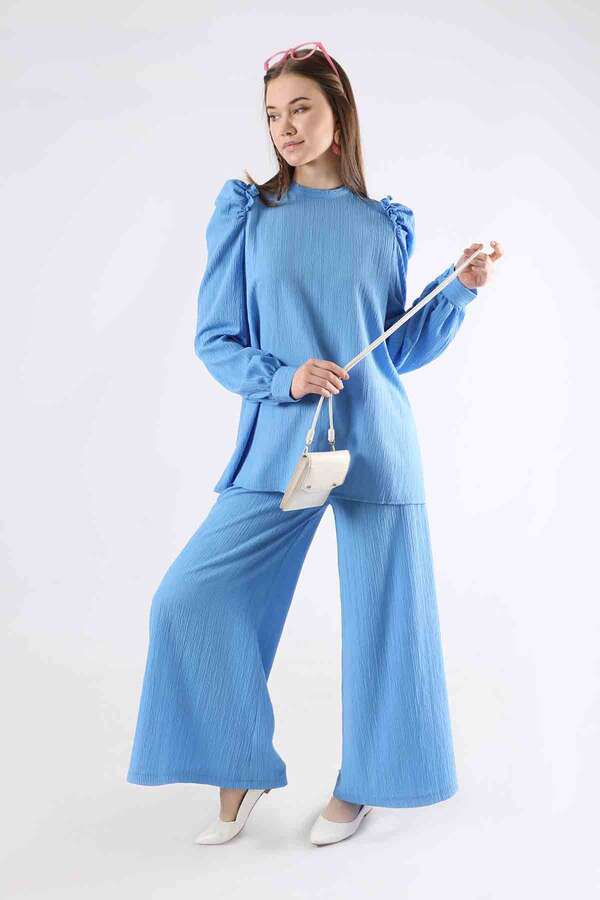 Balloon Sleeve Pants Suit Blue