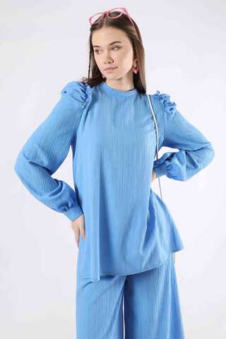 Balloon Sleeve Pants Suit Blue - 2