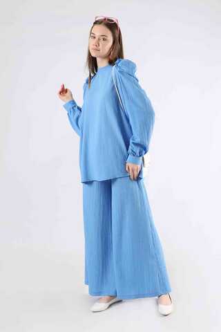 Balloon Sleeve Pants Suit Blue - 3