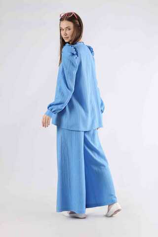Balloon Sleeve Pants Suit Blue - 5