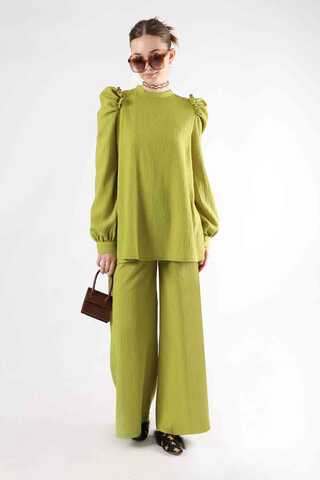 Balloon Sleeve Pants Suit Oil Green - 3