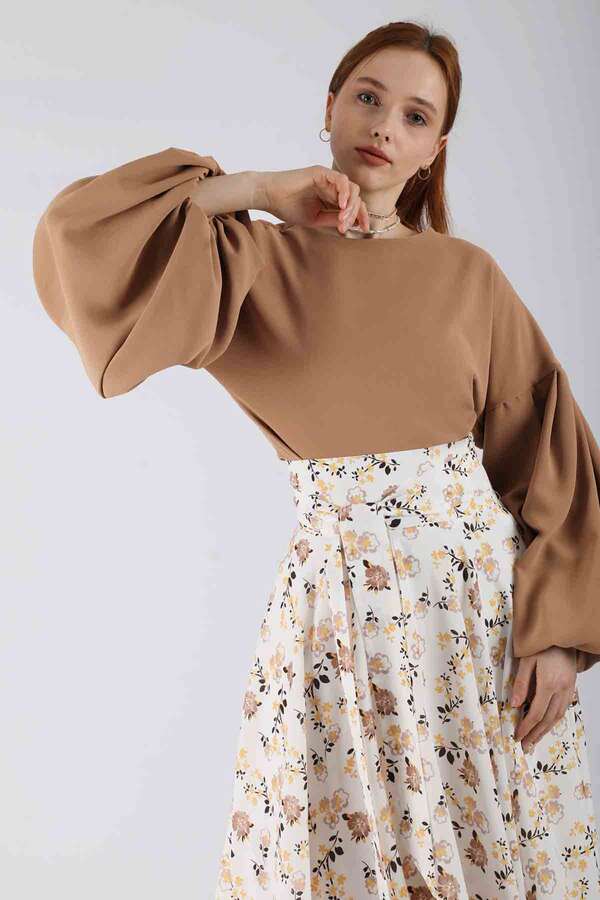 Balloon Sleeve Skirt Suit Camel - 4