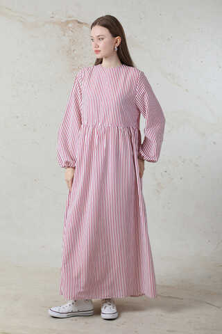 Balon Kol Çizgili Elbise Bordo - 3