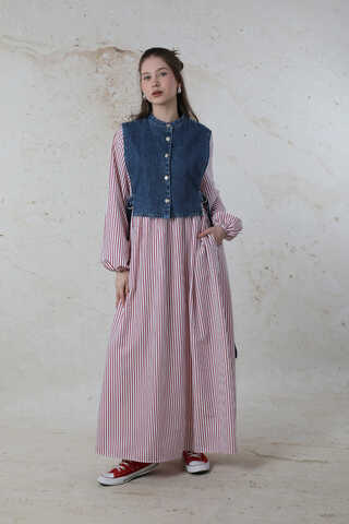 Balon Kol Çizgili Elbise Bordo - 2