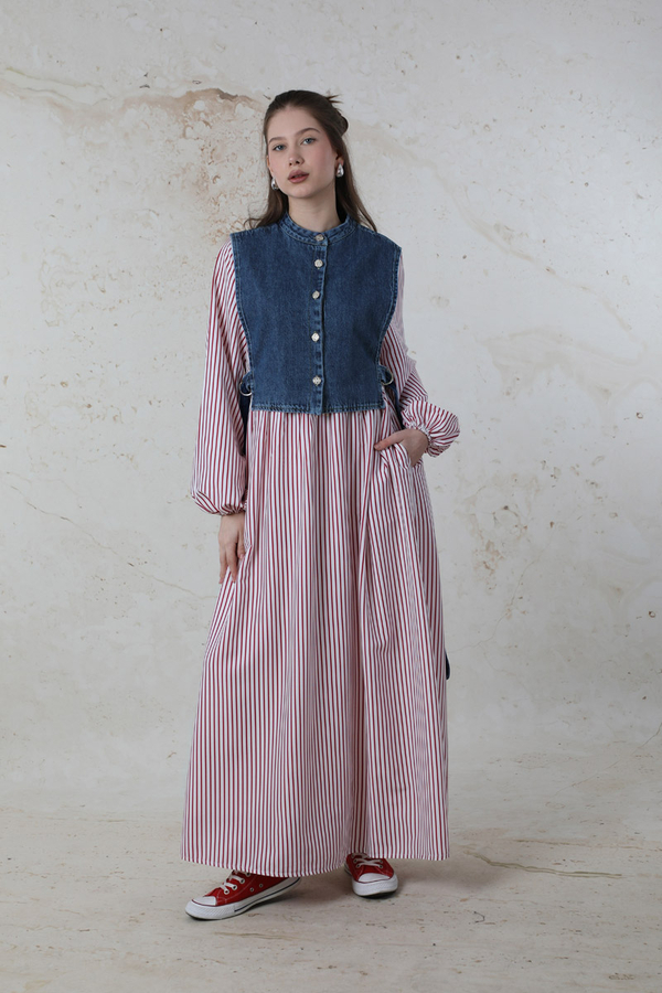 Balon Kol Çizgili Elbise Bordo - 2