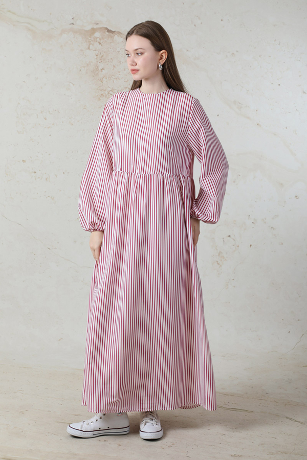 Balon Kol Çizgili Elbise Bordo - 3