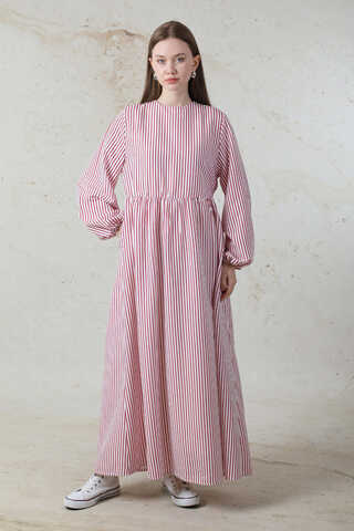 Balon Kol Çizgili Elbise Bordo - 4