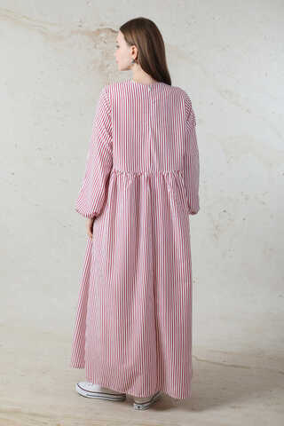 Balon Kol Çizgili Elbise Bordo - 5