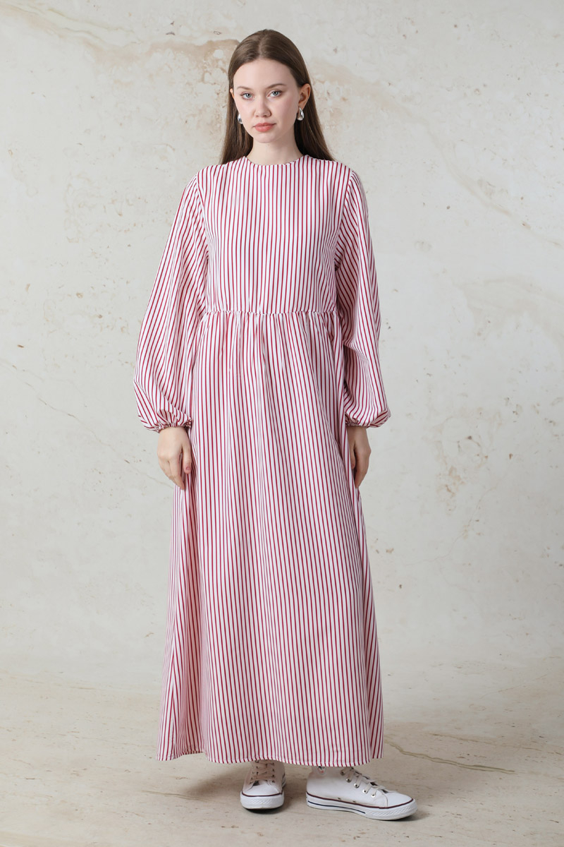 Balon Kol Çizgili Elbise Bordo