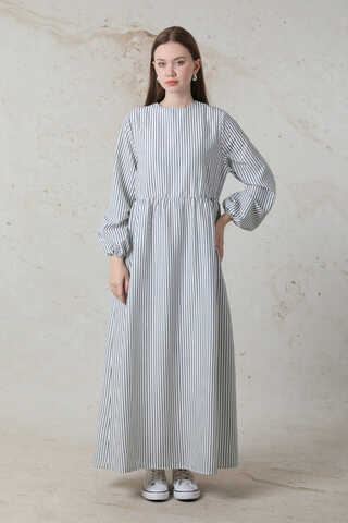 Balon Kol Çizgili Elbise  Gri - 1