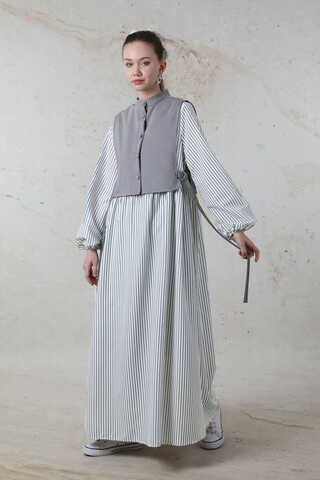 Balon Kol Çizgili Elbise  Gri - 2