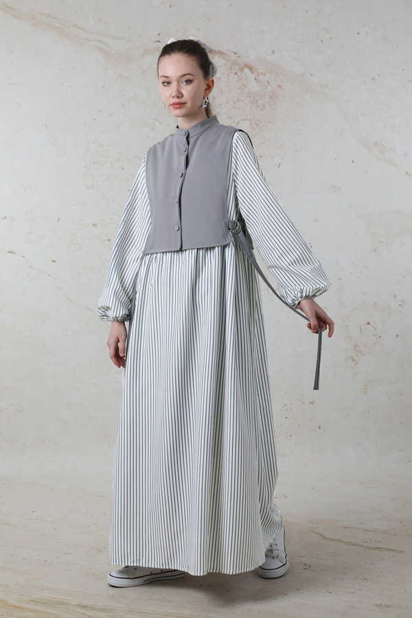 Balon Kol Çizgili Elbise  Gri - 2