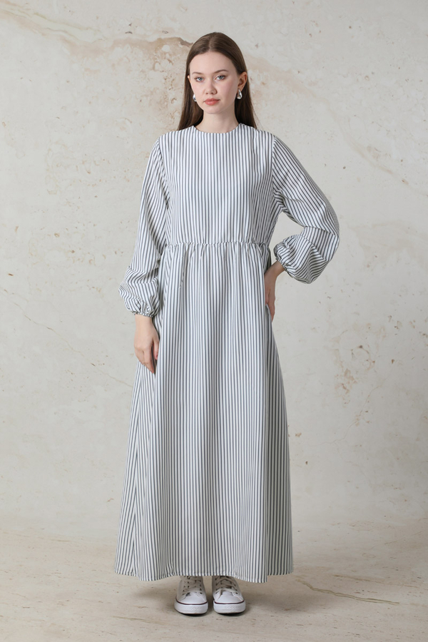 Balon Kol Çizgili Elbise  Gri - 1