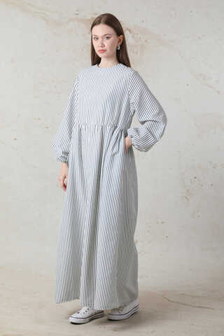 Balon Kol Çizgili Elbise  Gri - 3