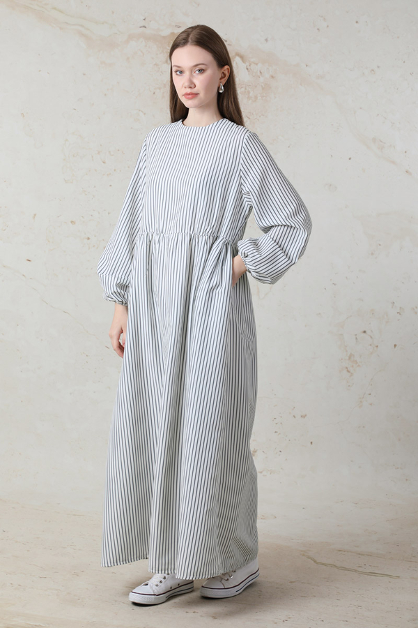 Balon Kol Çizgili Elbise  Gri - 3