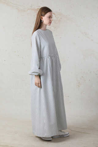 Balon Kol Çizgili Elbise  Gri - 4