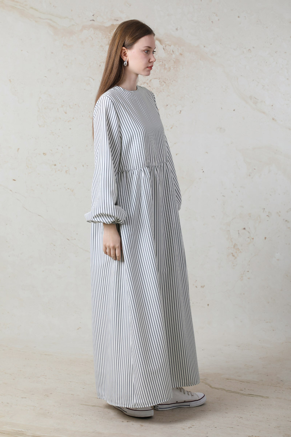 Balon Kol Çizgili Elbise  Gri - 4