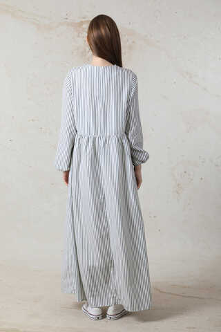 Balon Kol Çizgili Elbise  Gri - 5