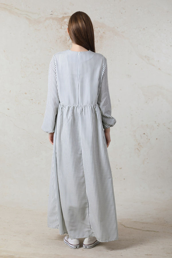 Balon Kol Çizgili Elbise  Gri - 5