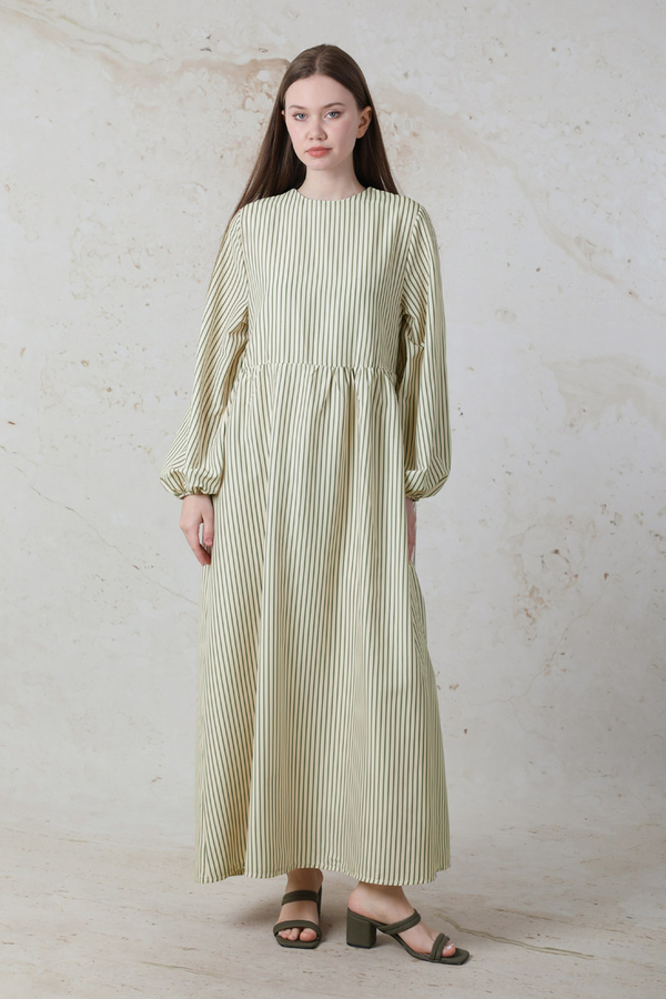 Balon Kol Çizgili Elbise Haki 