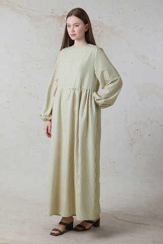 Balon Kol Çizgili Elbise Haki - 3
