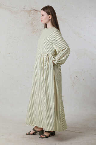 Balon Kol Çizgili Elbise Haki - 4