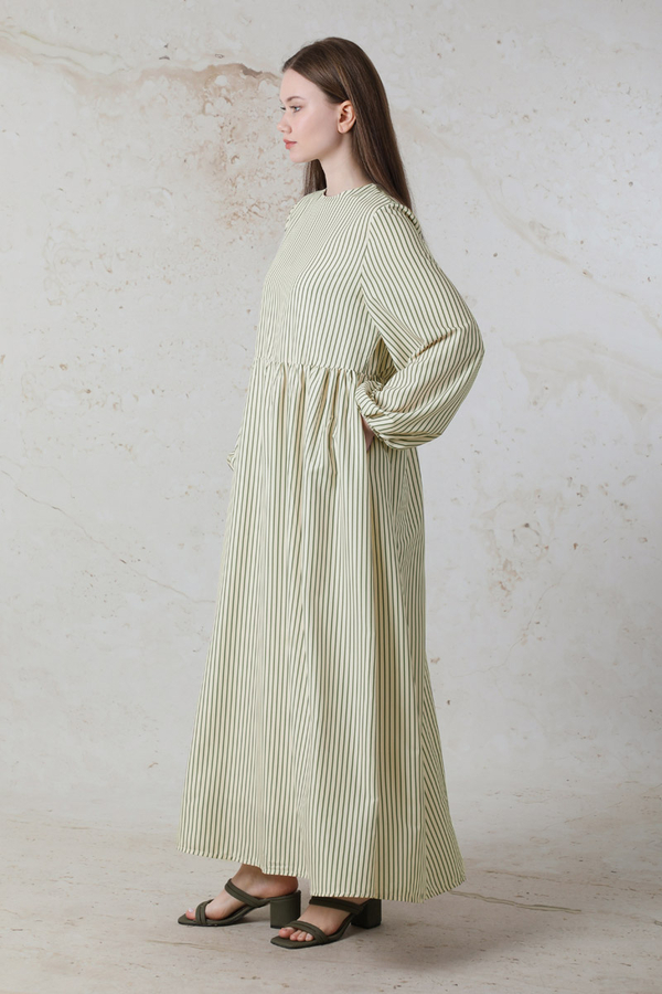 Balon Kol Çizgili Elbise Haki - 4