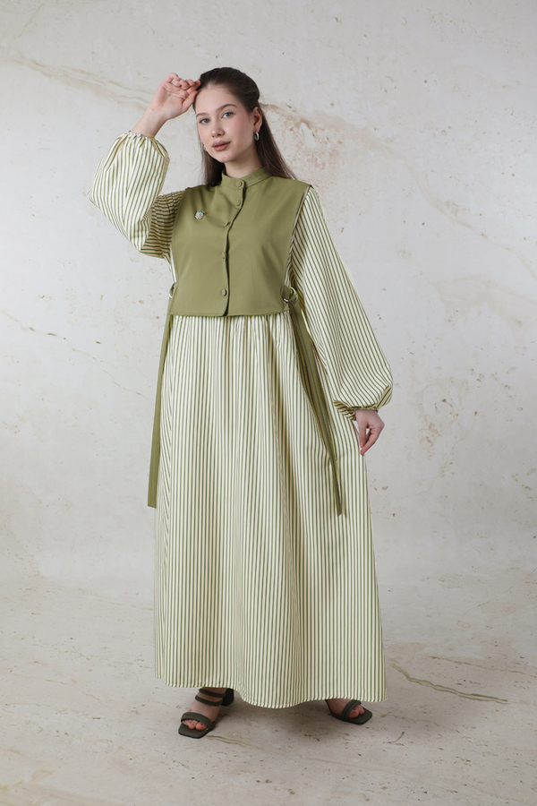 Balon Kol Çizgili Elbise Haki - 2