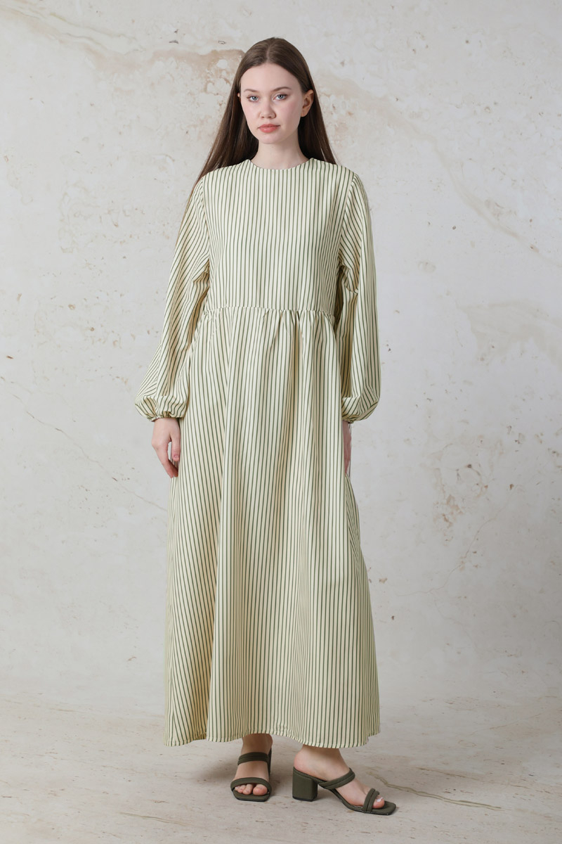 Balon Kol Çizgili Elbise Haki