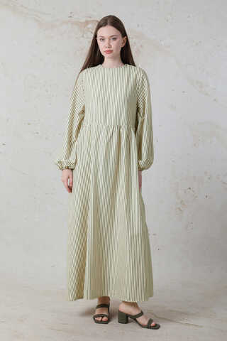 Balon Kol Çizgili Elbise Haki - 1