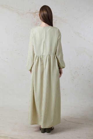 Balon Kol Çizgili Elbise Haki - 5