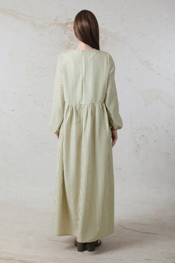 Balon Kol Çizgili Elbise Haki - 5