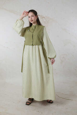 Balon Kol Çizgili Elbise Haki - 2