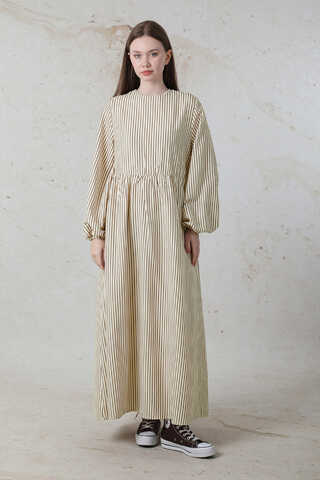 Balon Kol Çizgili Elbise Kahve - 1